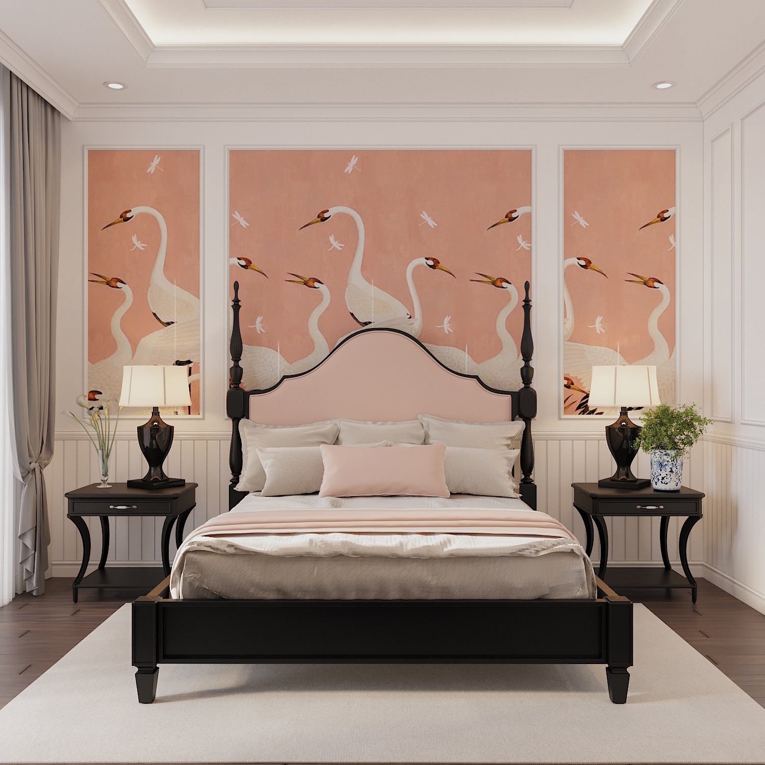 phòng ngủ với tranh chim hạc trên nền tường màu hồng đầu giường