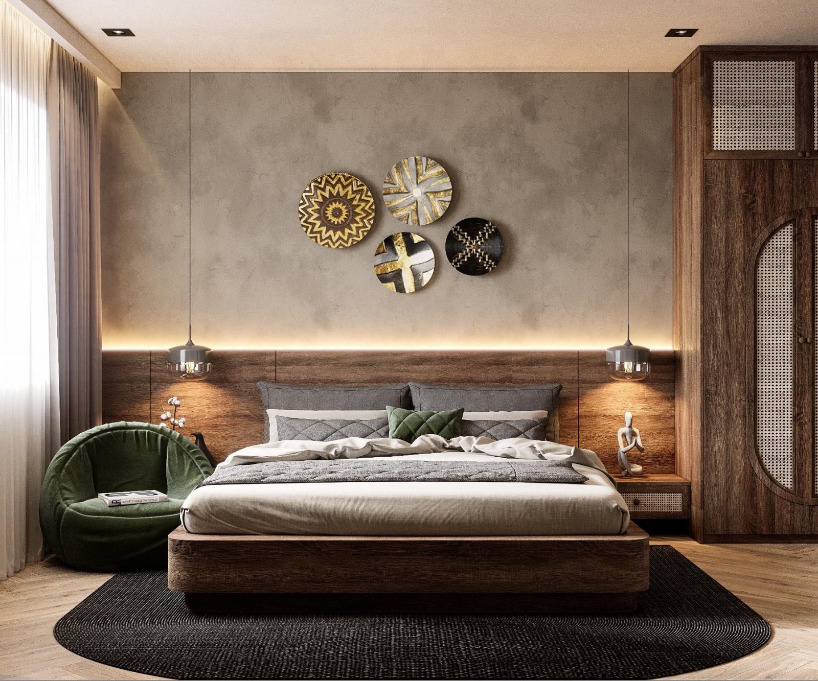 Phòng ngủ master phong cách chiết trung đơn giản, mộc mạc mang lại cho người dùng cảm giác thư giãn tối đa.