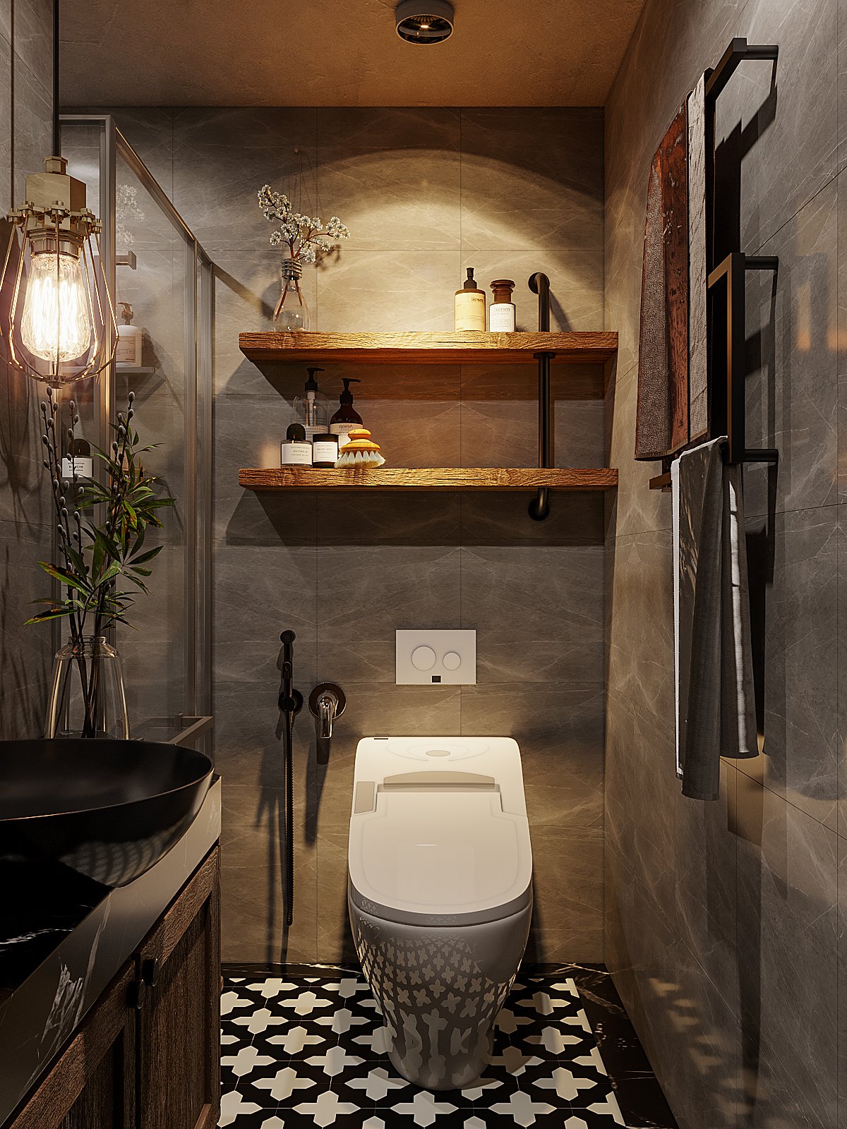 Phòng tắm thứ hai với thiết kế nội thất tương tự. Kệ mở bằng gỗ gắn tường nổi bật trên nền xi măng xám mộc mạc.