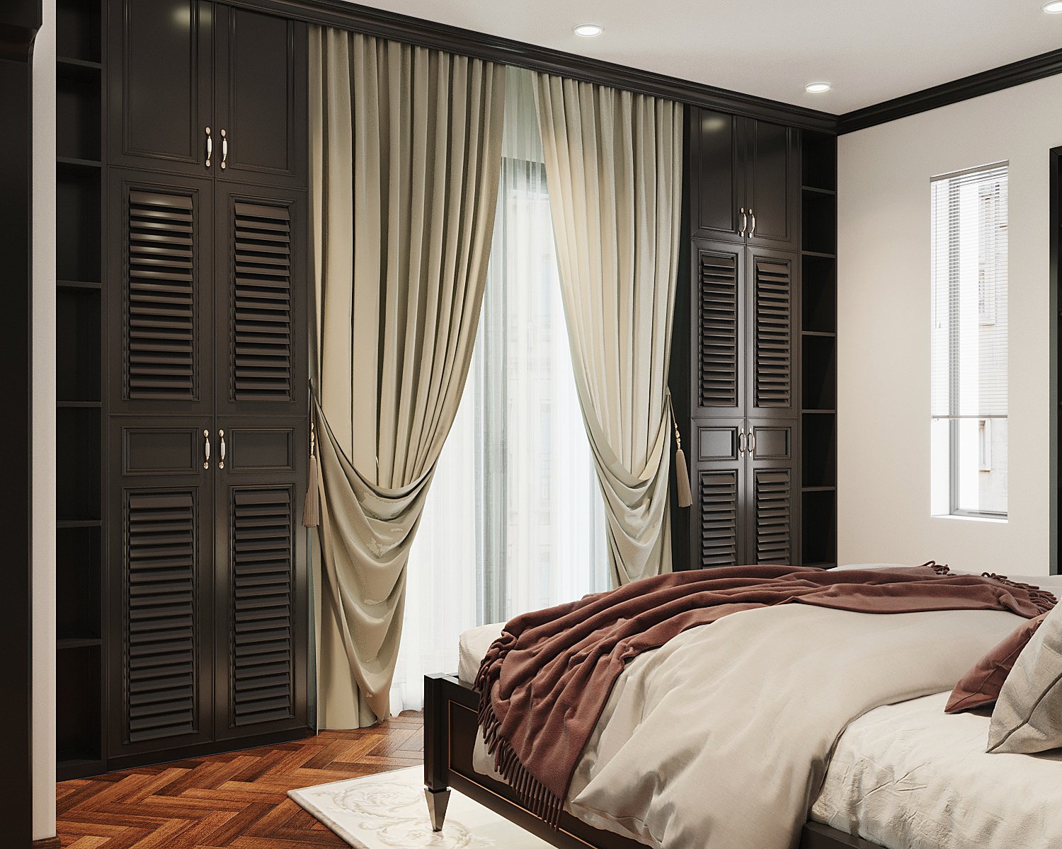 Hệ rèm cửa hai lớp giúp điều tiết linh hoạt ánh sáng tự nhiên vào phòng ngủ, đồng thời bổ sung nét mề mại, quyến rũ cho căn phòng. hai bên là tủ lưu trữ âm tường cao kịch trần.