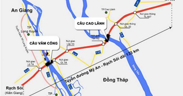 Sơ đồ tuyến cao tốc nối Tiền Giang với Đồng Tháp