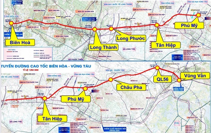 Sơ đồ các đoạn tuyến của cao tốc Biên Hòa - Vũng Tàu