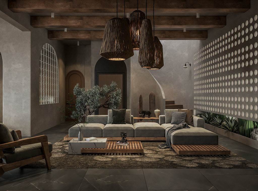 Không gian nội thất được thiết kế theo phong cách Wabi sabi tinh tế, mộc mạc.