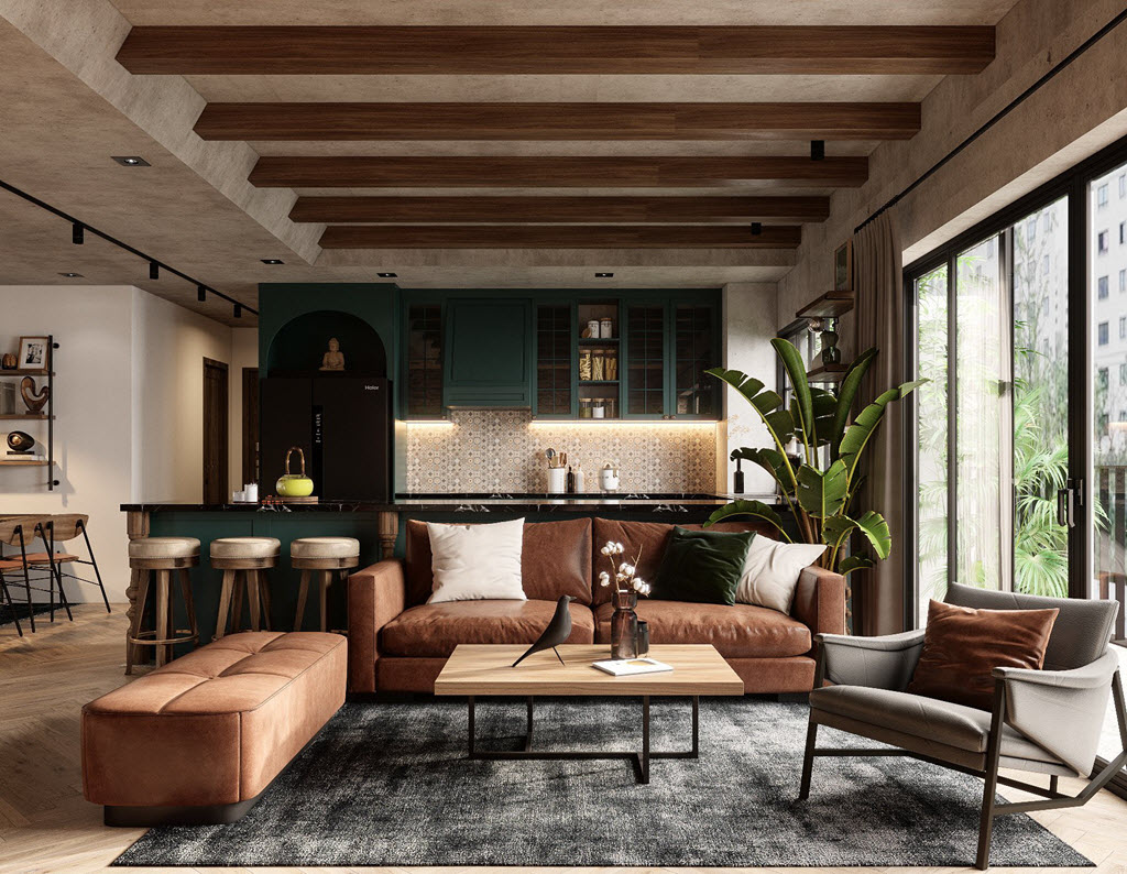 phòng khách đẹp với sofa màu nâu, dầm gỗ, tủ màu xanh lá đậm