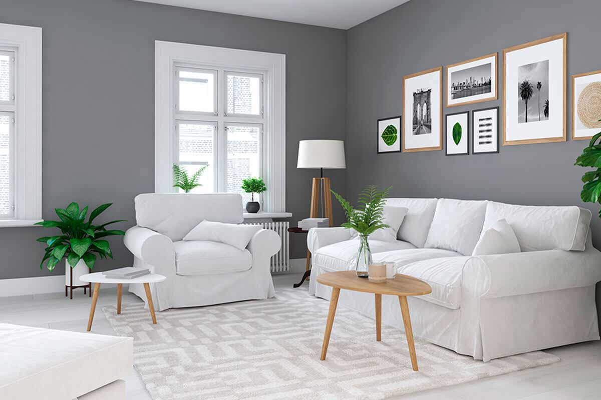 Phòng khách với tường màu xám, khung cửa sổ màu trắng, sofa trắng