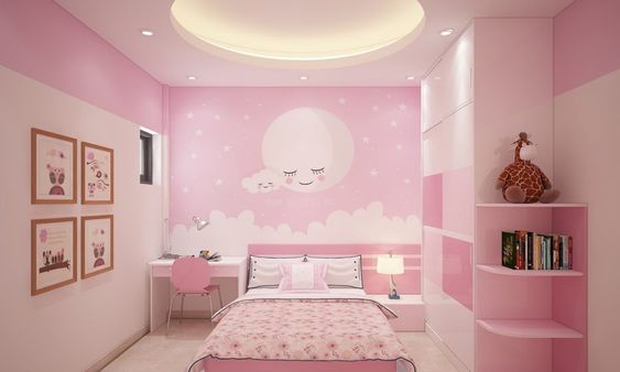 Sự hiện diện của tông màu hồng nhẹ nhàng trong phòng ngủ luôn khiến bé gái thích thú.