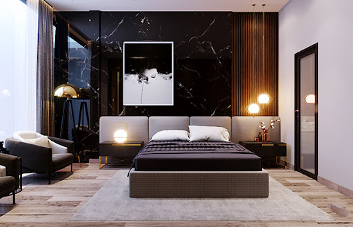 Tường đầu giường được decor ấn tượng với tông màu đen huyền bí, giúp gia tăng chiều sâu cho phòng ngủ master.