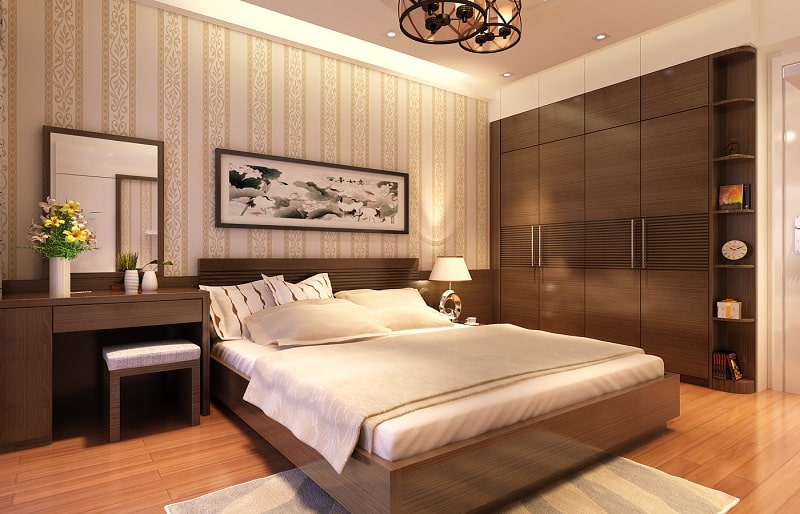 Phòng ngủ master thiên về phong cách truyền thống với nội thất gỗ tông màu nâu cà phê tạo cảm giác yên tĩnh, thư thái.