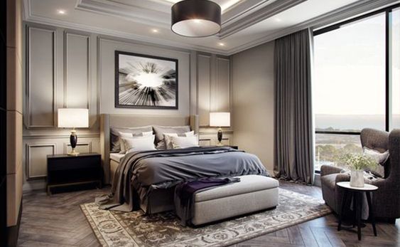 Phòng ngủ master sang trọng, thanh lịch với bảng màu xám trung tính phối kết hài hòa.