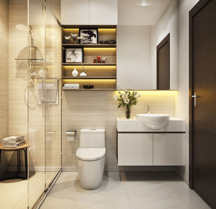 Trong biệt thự 2 tầng mái Thái, các phòng vệ sinh đều được trang bị đầy đủ tiện ích hiện đại, thiết kế sang trọng.