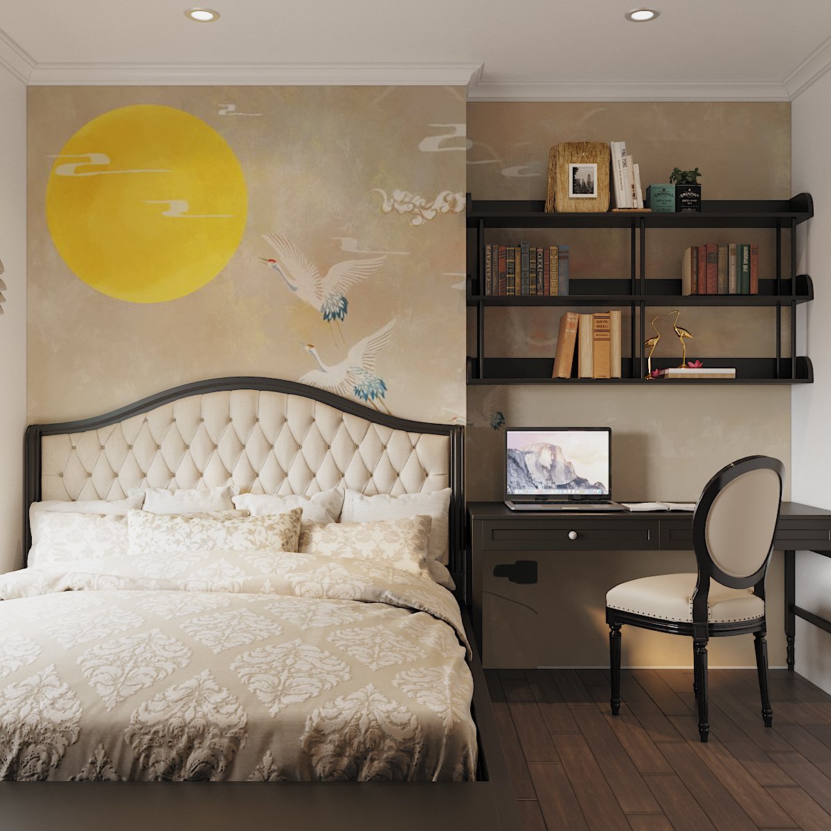 Phòng ngủ thứ hai trong căn hộ 166m2 được thiết kế nhẹ nhàng, tối giản hơn nhưng vẫn đảm bảo sự nhất quán của phong cách Indochine.