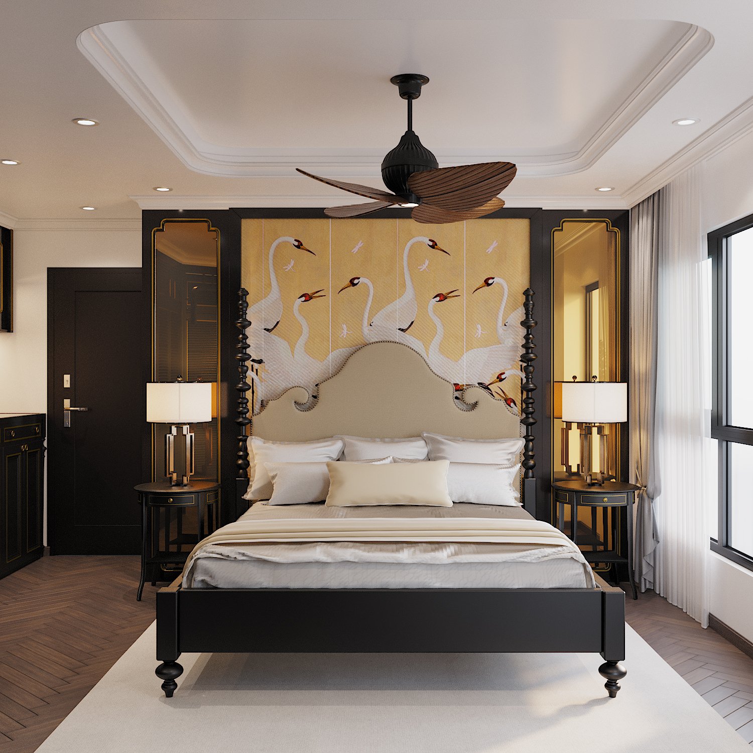 Phòng ngủ master của vợ chồng gia chủ được thiết kế với diện tích rộng rãi, sử dụng nội thất cao cấp với điểm nhấn là tranh tường đầu giường.