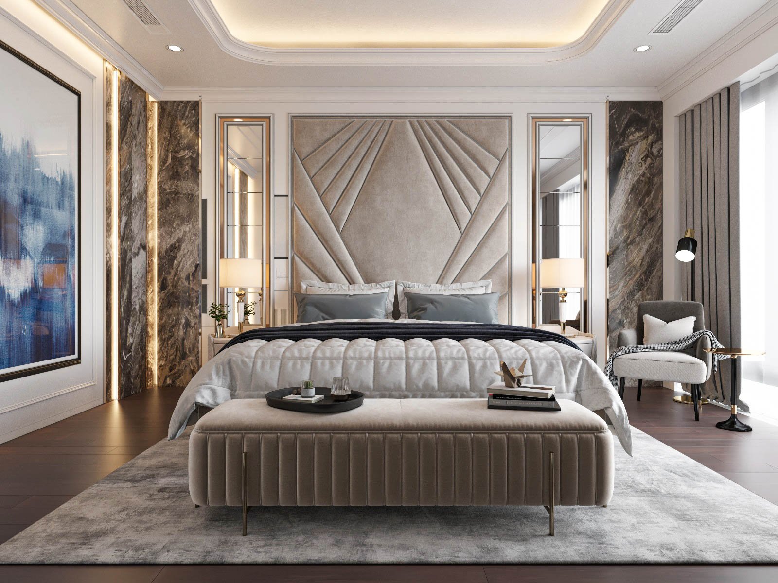 Phòng ngủ master này là niềm mơ ước của bao người. Sử dụng trọn bộ nội thất cao cấp màu trung tính hài hòa, căn phòng toát lên vẻ sang trọng, thanh lịch và góp phần thể hiện rõ khí chất của chủ sở hữu.