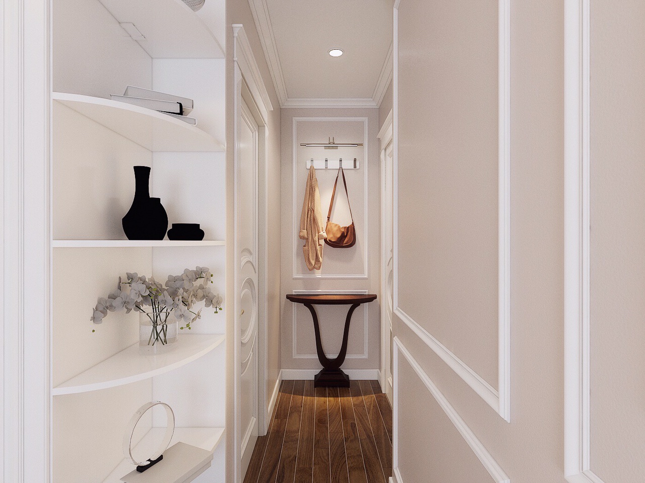 Lối hành lang nhỏ trong căn hộ 60m2 nổi bật với sàn gỗ ấm áp, bàn gỗ kiểu dáng cổ điển.