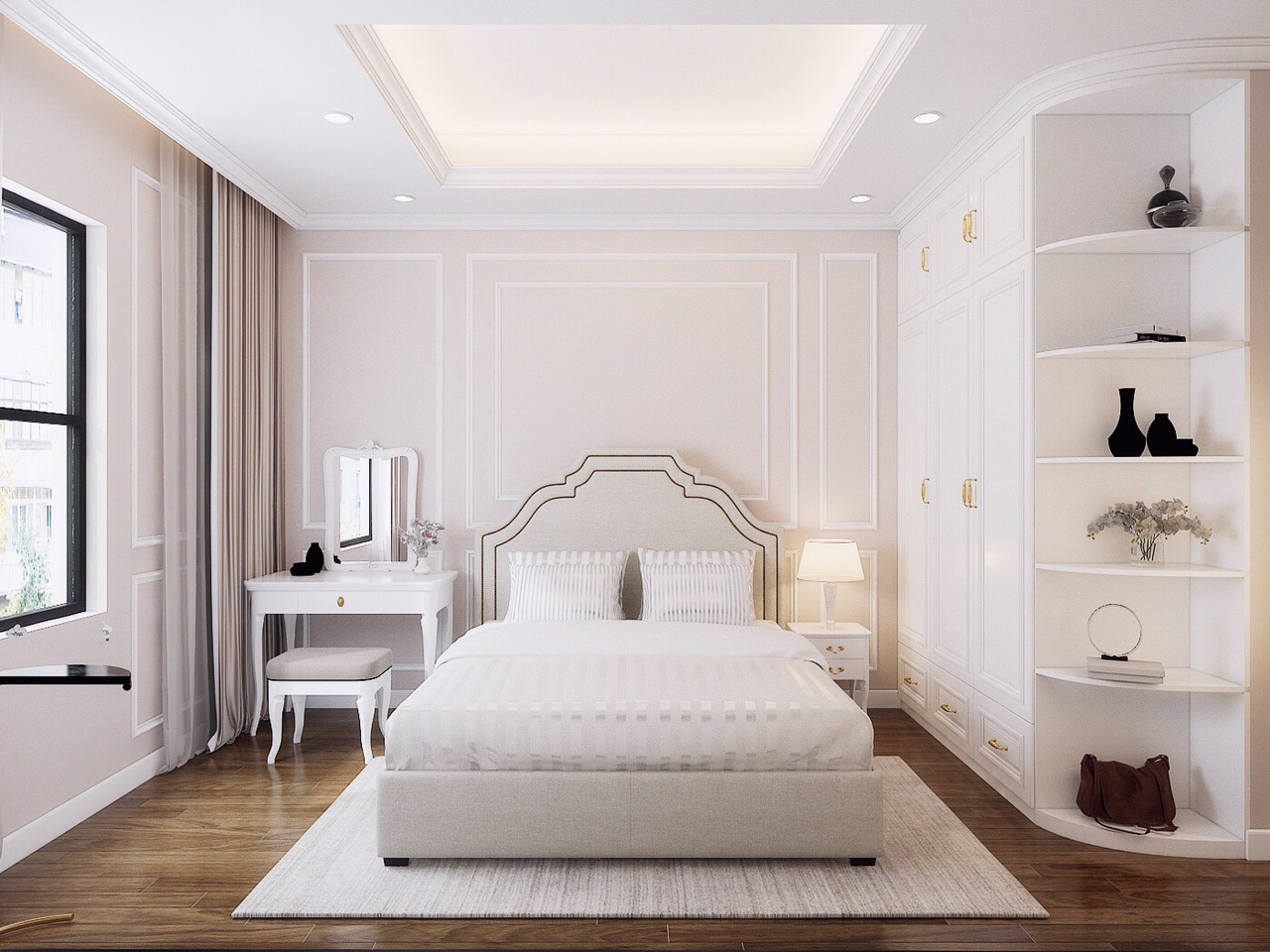 Trong phòng ngủ, tường đầu giường được trang trí nhẹ nhàng với sắc hồng - xám pha trộn ăn ý, vừa đảm bảo sự hài hòa với tổng thể không gian, vừa tạo điểm nhấn nữ tính.