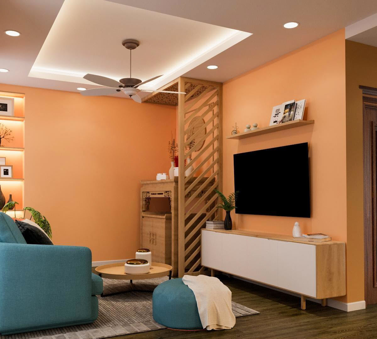 Chọn màu cam đào cho sơn tường phòng khách, kiến trúc sư muốn mang lại cảm giác tươi vui, thân thiện và ấm áp cho không gian này. Lam gỗ che chắn tủ thờ một cách tinh tế.